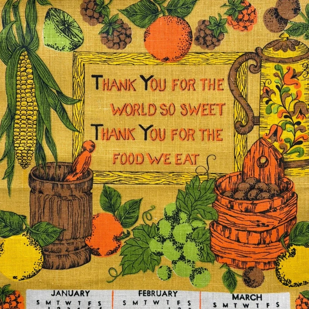 Vintage 1973 Linen Calendar Tea Towel Wall Hanging Harvest Fruit Kitchen Decor